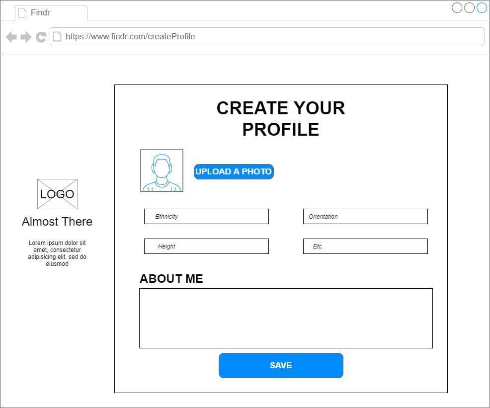 Low Fidelity Create Profile Page