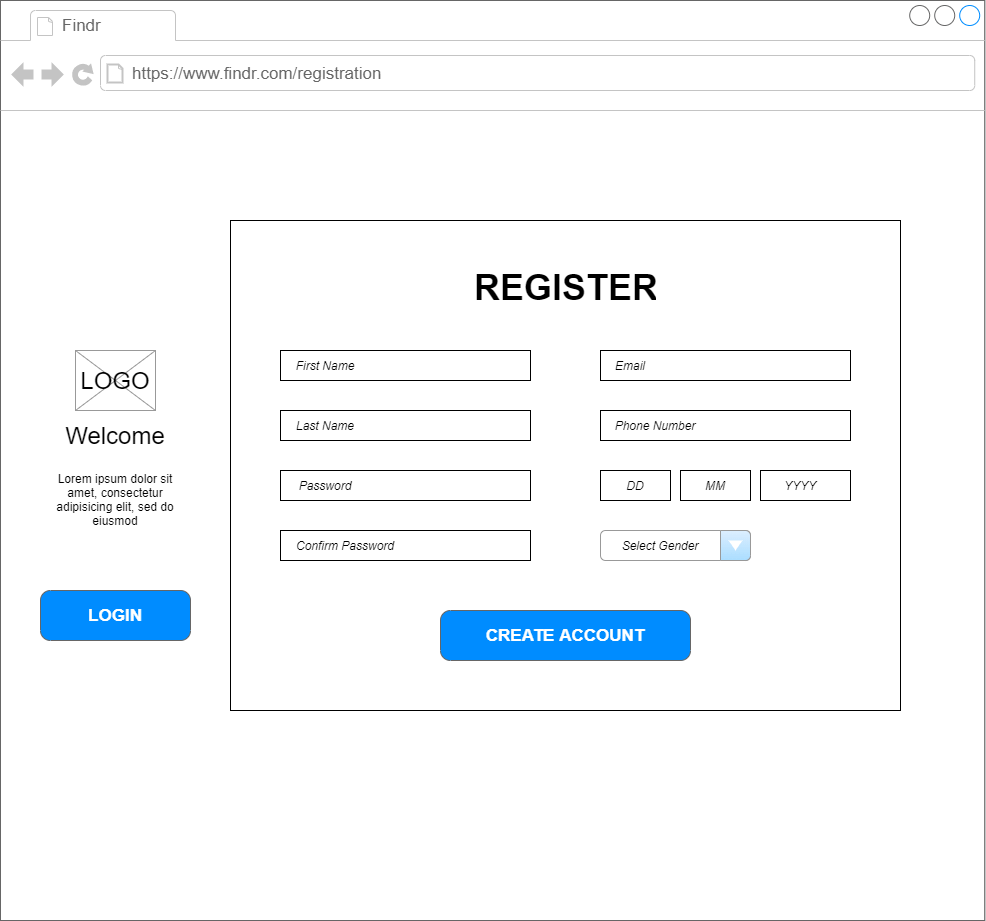 Low Fidelity Registration Page